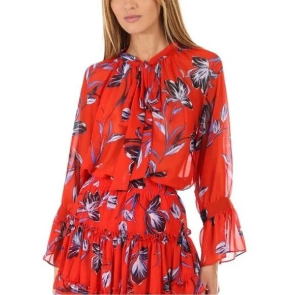 MISA Los Angeles Gracie Floral Bell Sleeve Tie Neck Semi-sheer Top Red Blouse,XS - Picture 3 of 10